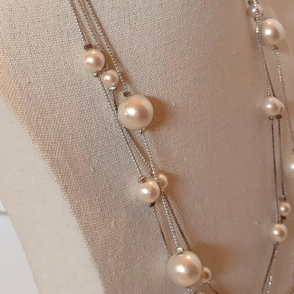 RMN Floating Faux Pearl Necklace Silver Tone Triple Strand Vintage-Inspired - Picture 4 of 6